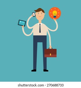 Flat design vector illustration concept. Multi-armed businessman holding a tablet, phone, portfolio and idea in the hands