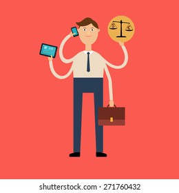 Flat design vector illustration concept. Multi-armed businessman holding a tablet, phone, portfolio and scales with the exchange rate of the dollar and the Euro