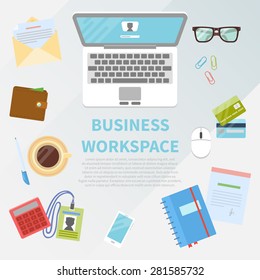 Flat design vector illustration concept of creative office workspace. Top view of desk background with laptop