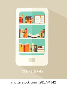 Flat design vector illustration concept for digital library, online book store, e-reading, vector.