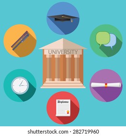 Flat design vector illustration concept for University building education icons set in flat design style, vector illustration. Includes graduation hat, diploma, etc.