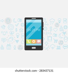 Flat design vector illustration concept of  smartphone gadget. Modern background with new technology electronic device with apps icons 