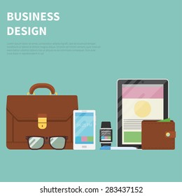 Flat design vector illustration concept of  business design. Background with modern digital devices and work  items. 