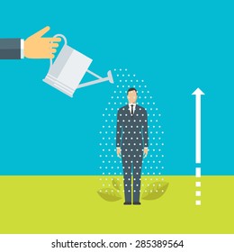 Flat design vector illustration concept for training, coaching, supporting people in achieving goals, helping to grow, personal development isolated on bright background