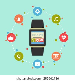 Flat design vector illustration concept of  smart watch gadget. Modern background with new technology electronic device with app icons 