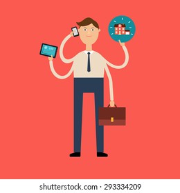 Flat Design Vector Illustration Concept. Seller Holds The House, Gadgets And The Portfolio. The Real Estate Market, Supply And Demand