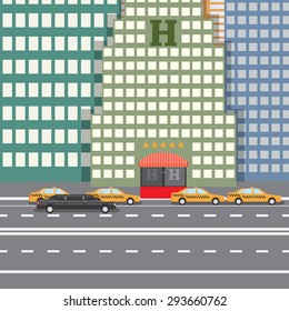 Flat design vector illustration concept for City Hotel and parked taxi and limousine, sityscape.