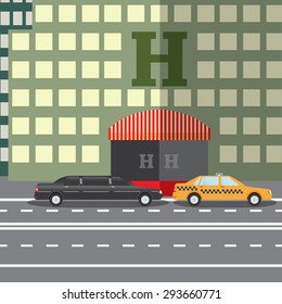 Flat design vector illustration concept for City Hotel and parked taxi and limousine, sityscape.