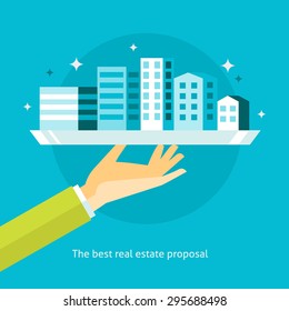 Diseño plano concepto vectorial para el negocio inmobiliario, ofreciendo edificios residenciales y comerciales, apartamentos y oficinas para alquilar aislados en entornos elegantes