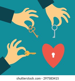 Flat design vector illustration concept. Hands with different keys, which stretch to the heart with keyhole. Key to your heart