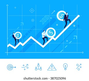 Flat design vector illustration concept of team work. Businessmen go on growing arrow with money. Vector clipart. Icons set.