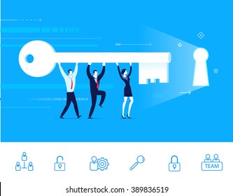 Flat design vector illustration concept of team work. Businessman and businesswoman go to the door with a key. Vector clipart. Icons set.