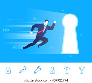 Flat design vector illustration concept of business situation. businessman running to the keyhole. Go to the target. Vector clipart. Icons set.