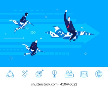 Flat design vector illustration concept of business situation. businessman and businesswoman compete. Race on birds and airplanes. Teamwork. Vector clipart. Icons set.