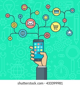 Flat design vector illustration concept for smart mobile phone apps and services. Illustrations for business, online shopping, finance, social media, communication, creative applications.