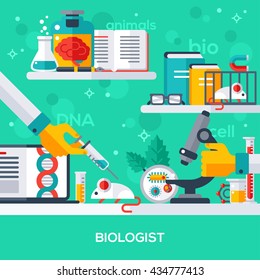 Flat Design Vector Illustration Concept Of Biologist Workplace. Hand Holding Syringe, Make Injection, Animal Testing. Microscopic Research.