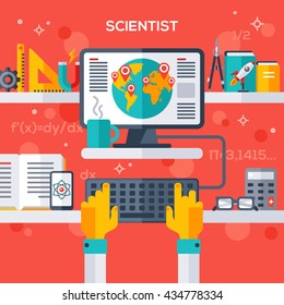 Flat design vector illustration concept of scientist workplace. Hand typing on keyboard, pc monitor with analytical research.