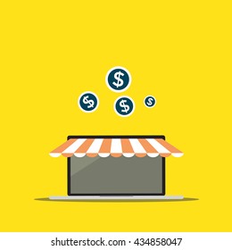 Flat design vector illustration concept for online ordering goods, e-commerce, laptop online shopping