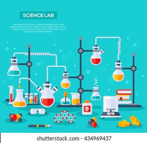 Flat design vector illustration concept of chemistry experiment. Chemist laboratory workspace. Chemical reactions research