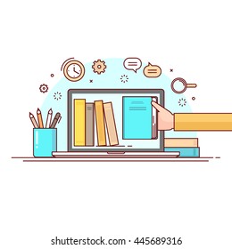 Flat Design Vector Illustration Concept For Digital Library, Online Book Store, E-reading, Online Learning, Distance Education Isolated White Background