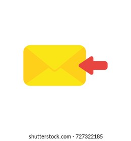 Flat design vector illustration concept of receive message or email with yellow envelope and red arrow symbol icon moving left on white background.