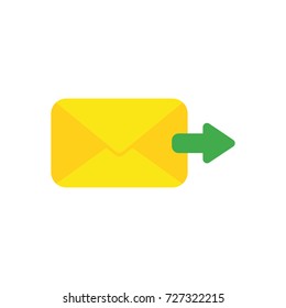 Flat design vector illustration concept of send message or email with yellow envelope and green arrow symbol icon moving right on white background.