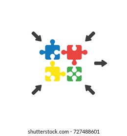 Flat design vector illustration concept of four jigsaw puzzle pieces symbol icon connecting on white background.