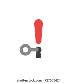 Flat design vector illustration concept of red exclamation mark with keyhole and grey key symbol icon unlcok on white background.