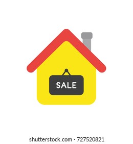 Flat design vector illustration concept of yellow house symbol icon with sale word written on black hanging sign on white background.