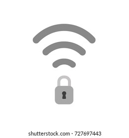 Flat design vector illustration concept of grey wifi wireless symbol icon with closed locked padlock on white background.