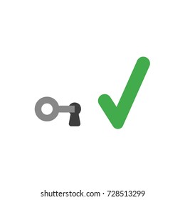 Flat design vector illustration concept of grey key in keyhole with green check mark symbol icon on white background.
