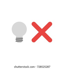 Flat design vector illustration concept of grey light bulb with red x mark symbol icon on white background.