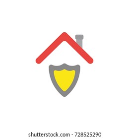 Flat design vector illustration concept of grey and yellow shield guard under red roof symbol icon on white background.