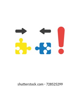 Flat design vector illustration concept of two pieces of yellow and blue jigsaw puzzle that are incompatible with each other and red exclamation mark symbol icon.