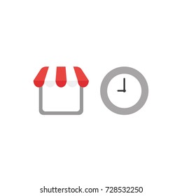 Flat design vector illustration concept of shop or store symbol icon with red and white awning and grey clock time on white background.