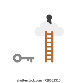 Flat design vector illustration concept of grey key symbol icon reach to keyhole on cloud with brown wooden ladder on white background.