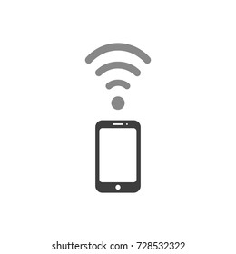 Flat design vector illustration concept of use smartphone as modem, black smartphone with grey wifi wireless symbol icon on white background.
