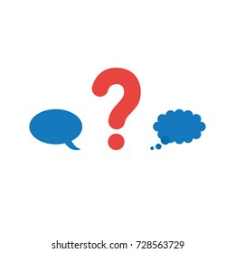 Flat design vector illustration concept of red question mark symbol icon between blue speech bubble and thought bubble on white background.