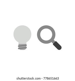 Flat design vector illustration concept of grey light bulb symbolizing bad idea with magnifying glass symbol icon.