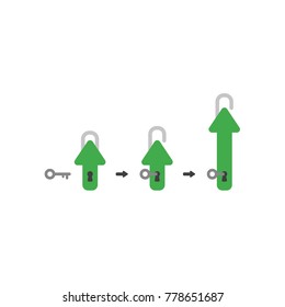 Flat design vector illustration concept of green closed arrow padlock symbol icon with keyhole, key unlock and arrow moving up.