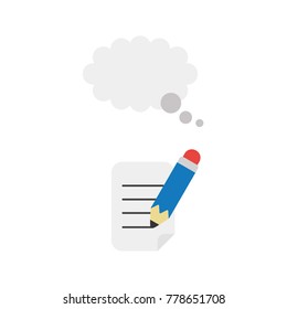 Flat design vector illustration concept of blue pencil writing on paper with grey tought bubble symbol icon.