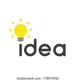 Flat design vector illustration concept of black idea word with glowing yellow light bulb symbol icon.