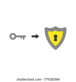 Flat design vector illustration concept of shield guard symbol icon with keyhole and grey key.