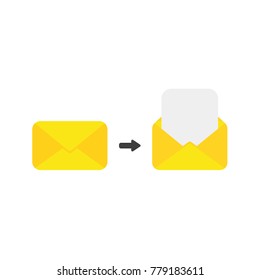 Flat design vector illustration concept of yellow closed and open envelope symbol icon with blank paper.