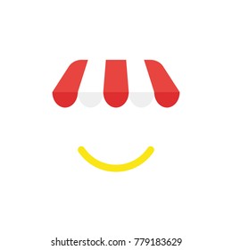 Flat design vector illustration concept of red and white shop or store awning symbol icon with yellow smiling mouth.