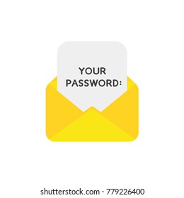 Flat design vector illustration concept of yellow open envelope symbol icon with your password written on paper