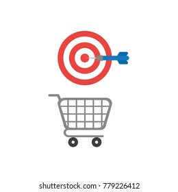 Flat design vector illustration concept of hit the bulls eye target with dart over grey shopping cart symbol icon.