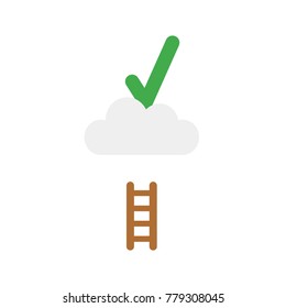 Flat design vector illustration concept of green check mark symbol icon on cloud with short wooden ladder.
