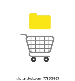 Flat design vector illustration concept of yellow closed folder over grey shopping cart symbol icon.
