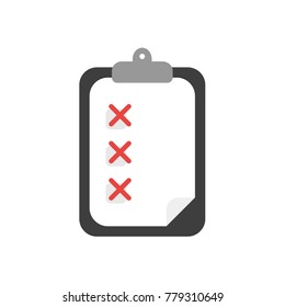 Flat design vector illustration concept of clipboard symbol icon with paper and red x marks.